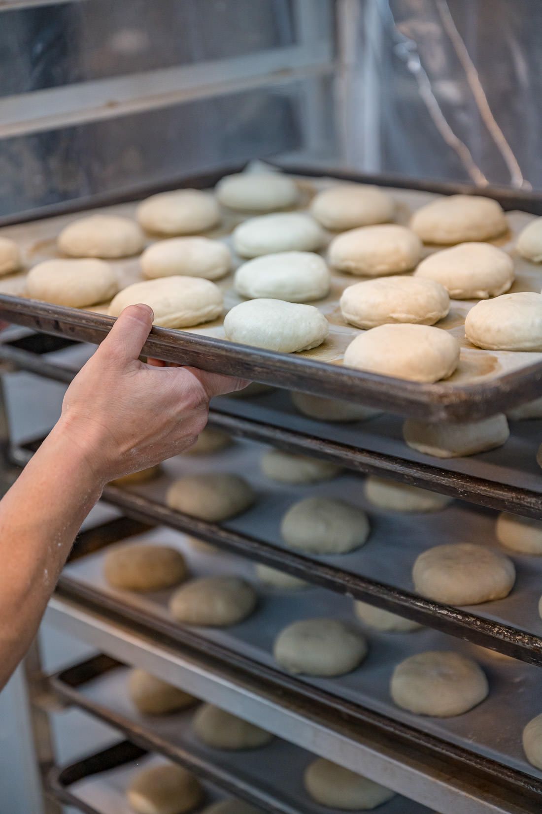 Trays of dough being loaded into the bakery oven